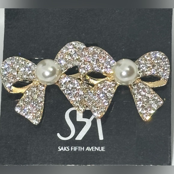 Saks Fifth Ave Gold Tone Crystal Bow with Faux Pearl Post - Picture 4 of 7